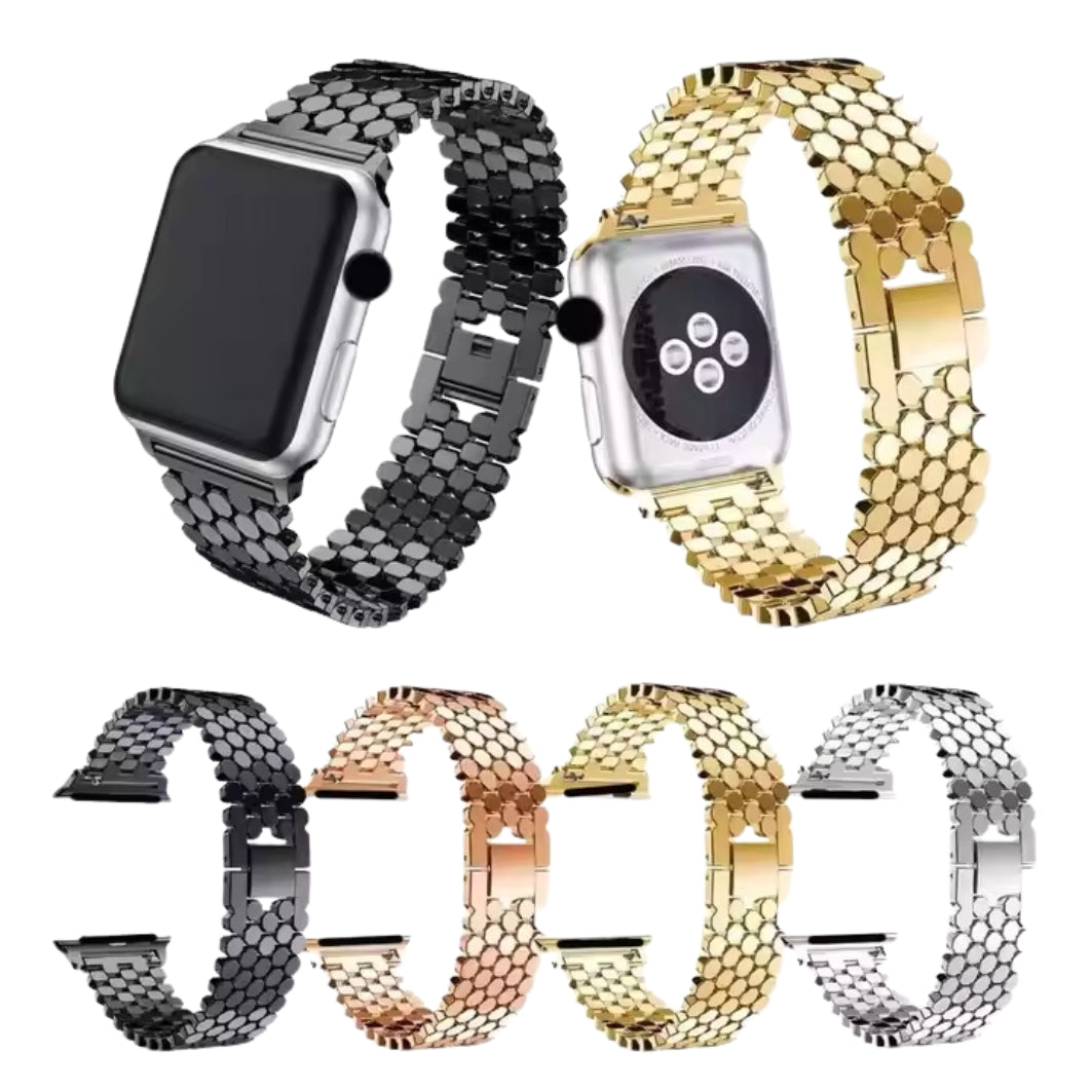 Pulsos para Apple Watch y relojes inteligentes en diferentes materiales como silicona, cuero, metal, nailon y resina. Todos los tamaños de Apple Watch (38, 40, 41, 42, 44, 45, 46 y 49 mm) y con relojes inteligentes.
