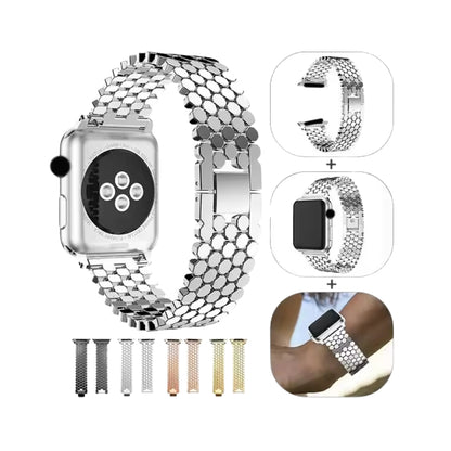 Pulsos para Apple Watch y relojes inteligentes en diferentes materiales como silicona, cuero, metal, nailon y resina. Todos los tamaños de Apple Watch (38, 40, 41, 42, 44, 45, 46 y 49 mm) y con relojes inteligentes.

